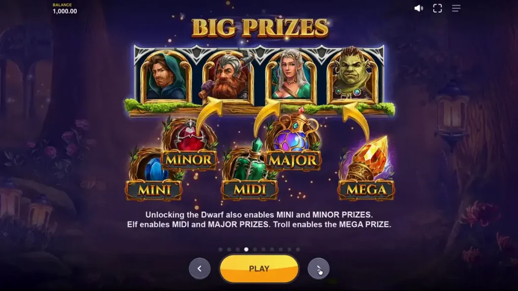 Pemandangan hutan mistis dalam slot Land of Riches dengan karakter fantasi.