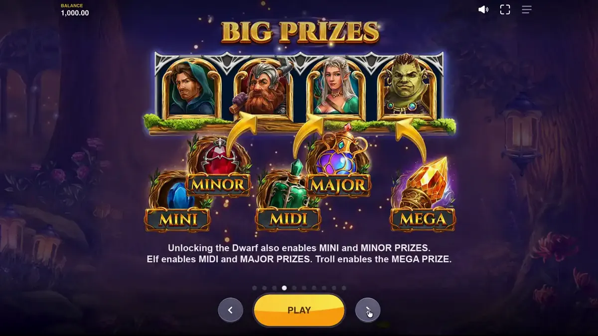 Pemandangan hutan mistis dalam slot Land of Riches dengan karakter fantasi.
