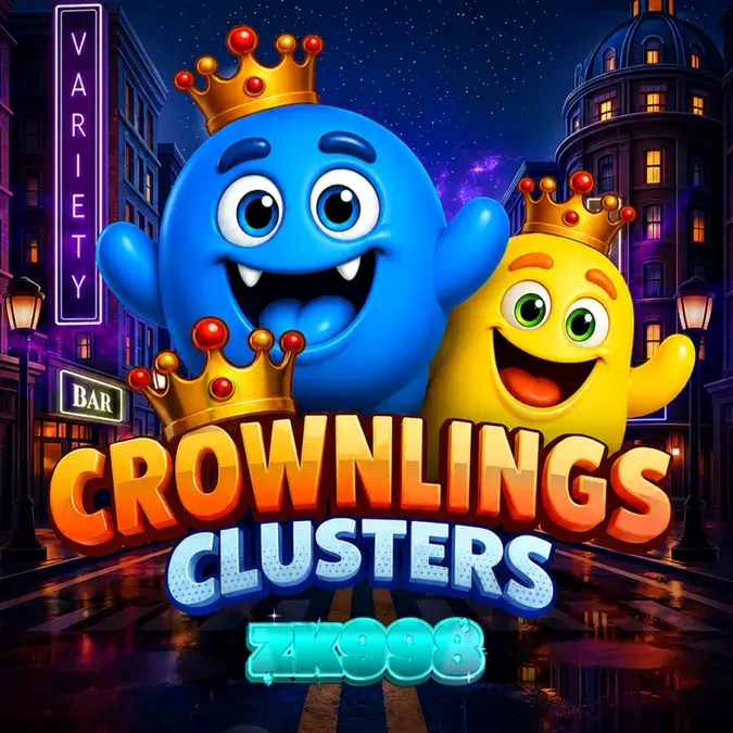 Tampilan visual slot Crownlings Clusters dengan grid 5x5 yang penuh warna